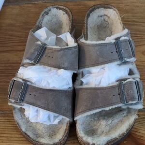 Birkenstock Mens Grey Shearling Slippers Arizona 42 Mens 9 Women's 11